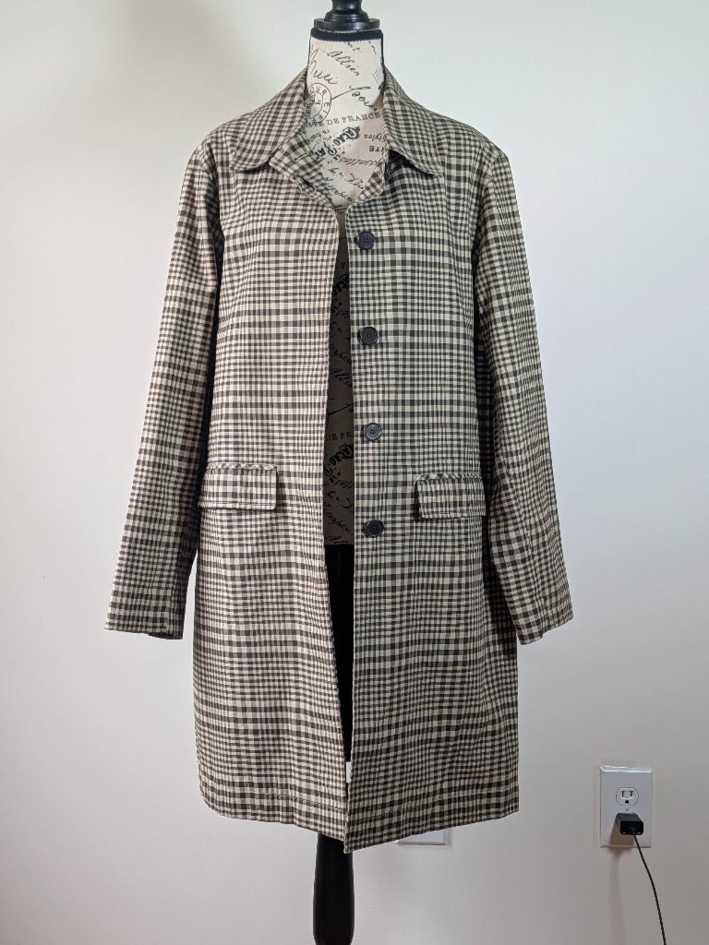 Eddie Bauer Check Coat L Cotton Nylon Shell Mid Length Button Front Classic